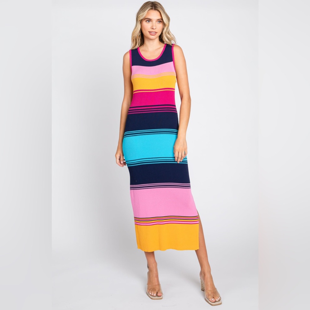 Fab’ rik Multi-Colored Stripe Ribbed Side Slit Midi Dress